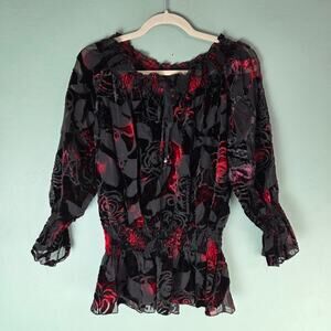 Multiples Womens Red Floral Burnout Velvet Sheer Rose Peplum Top Size Medium